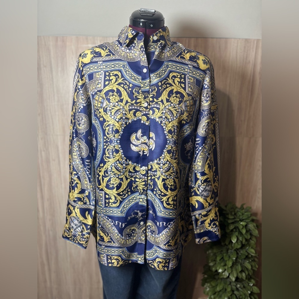 J. McLaughlin Faberge Con Lois Silk Blend Blouse Navy and Gold